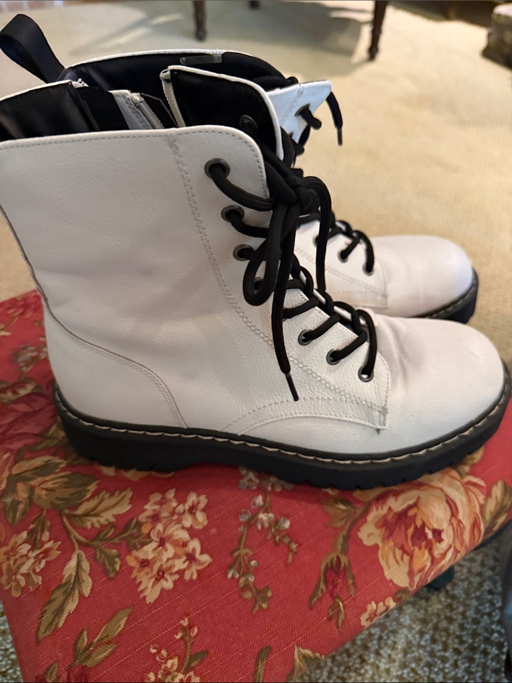 Sincerly Jules White Lace-Up Combat Boots with Black Laces